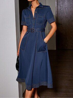 4- Vintage Inspired Blue Midi Shirt Dress‎ | Elegant Collared Button Front Belte